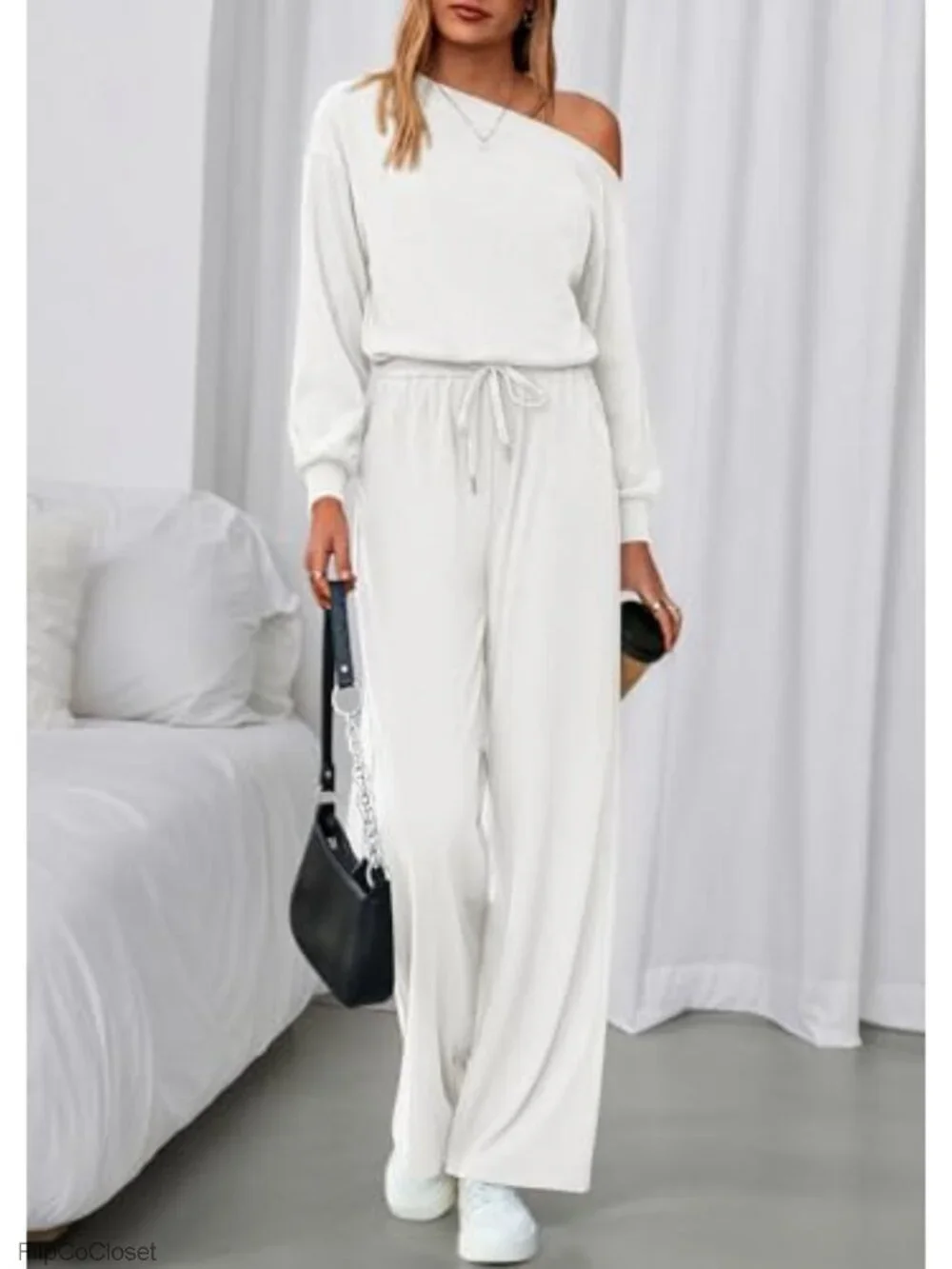 Off Shoulder Long Sleeve Jumpsuit with Pockets - 94% Polyester 6% Elastane